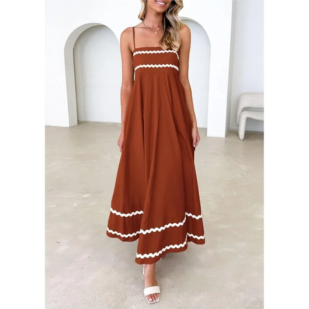 Women's Rust Casual Sleeveless Spaghetti Strap Ruffle Beach Maxi Dress